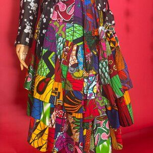 Vintage 90s African Ankara Patchwork Midi Skirt – Handmade, Size Small